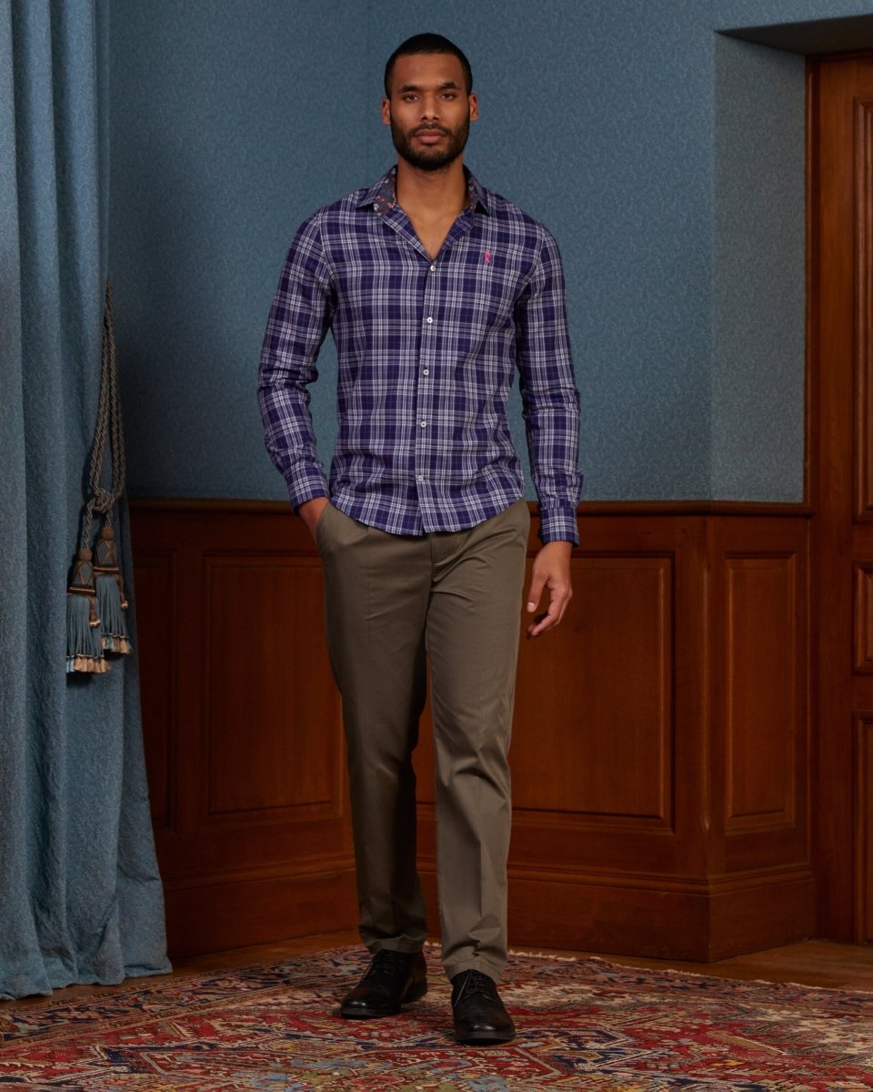 Chemise CIRIL slim 100% coton en tartan - Bleu nuit - Vicomte A