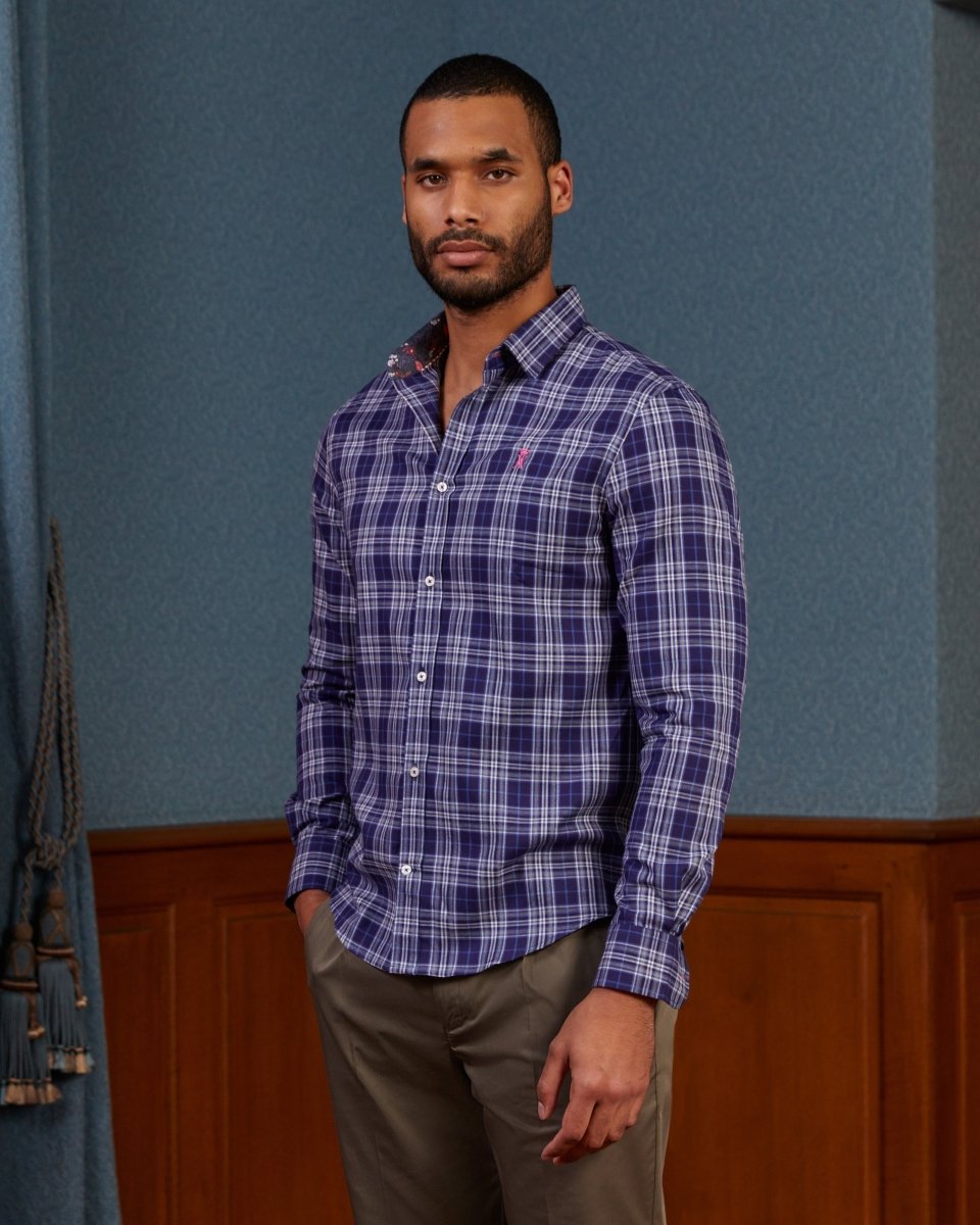 Chemise CIRIL slim 100% coton en tartan - Bleu nuit - Vicomte A
