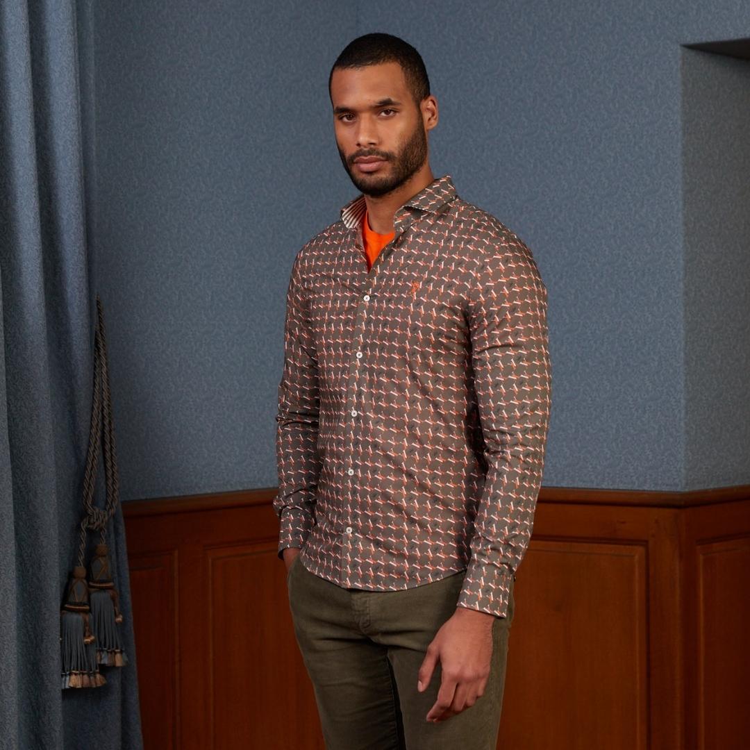 Chemise CLOVIS slim 100% coton à imprimé monograme - Khaki - Vicomte A