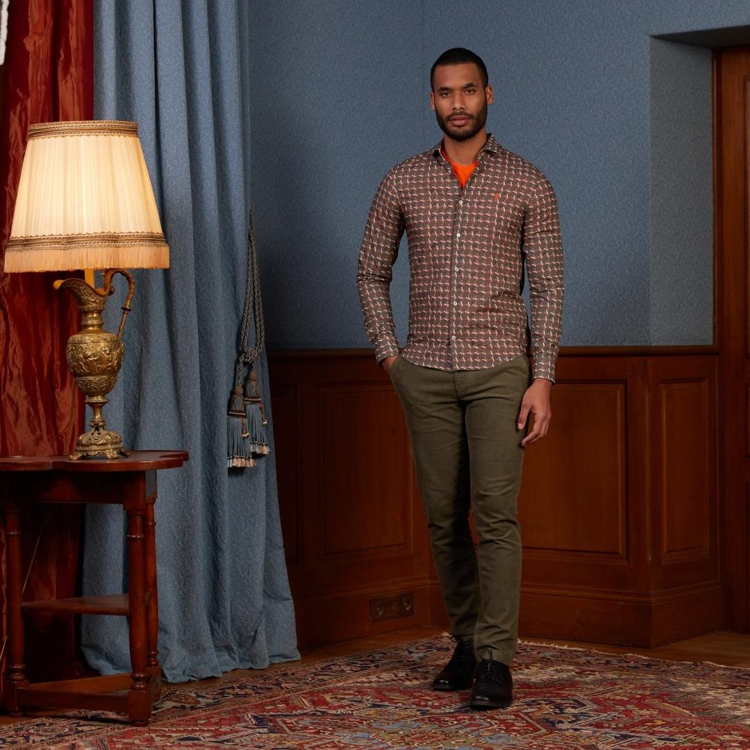 Chemise CLOVIS slim 100% coton à imprimé monograme - Khaki - Vicomte A