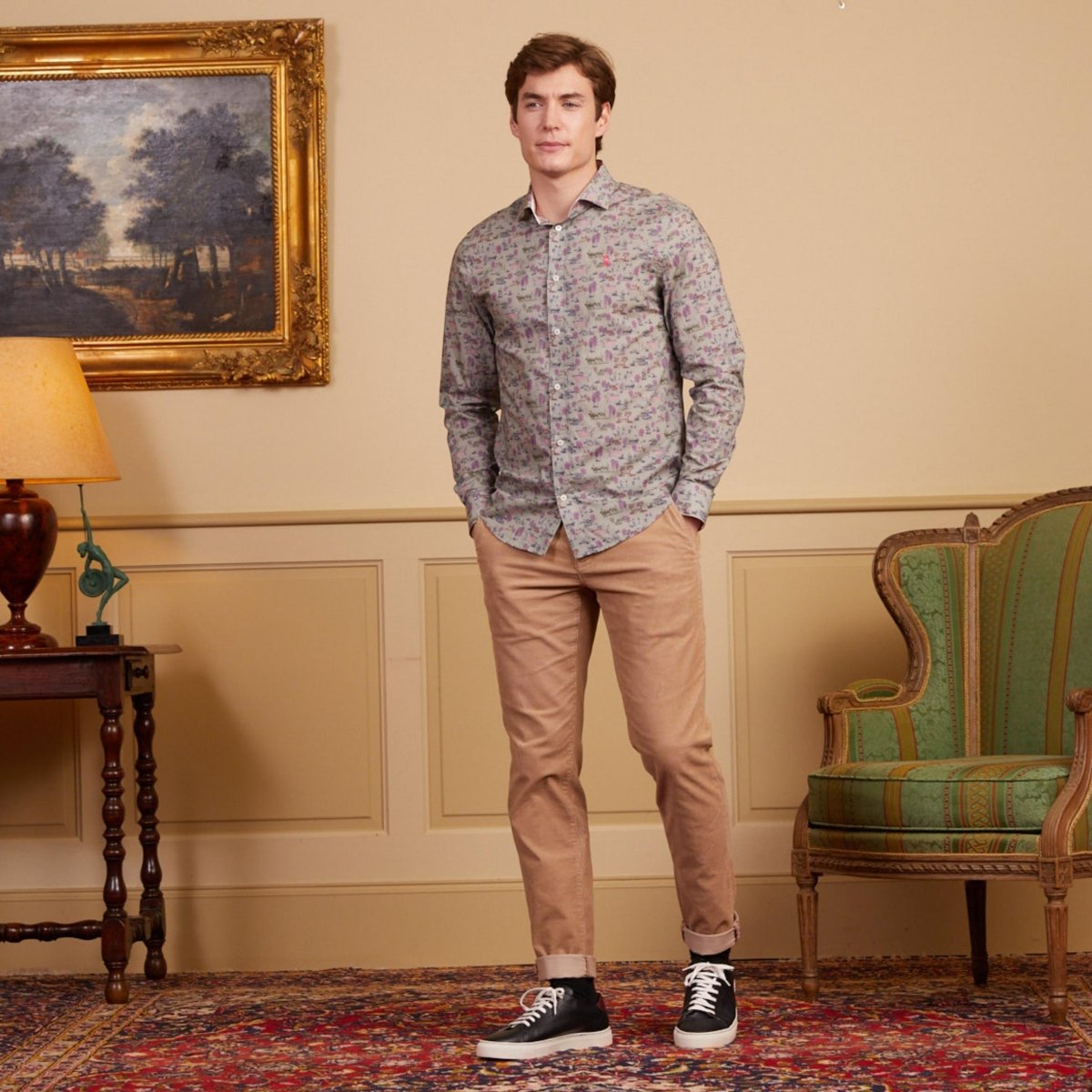 Chemise CONRAD regular 100% imprimé « toile de jouy » - Khaki - Vicomte A
