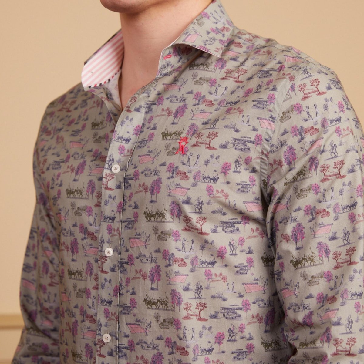 Chemise CONRAD regular 100% imprimé « toile de jouy » - Khaki - Vicomte A