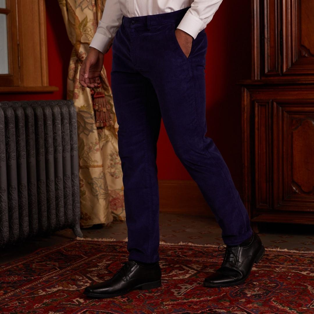 Pantalon chino LORENZO droit en velours cotelé - Bleu marine - Vicomte A