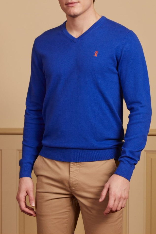 Pull KARL col V en coton cachemire avec coudières - Bleu roi - Vicomte A