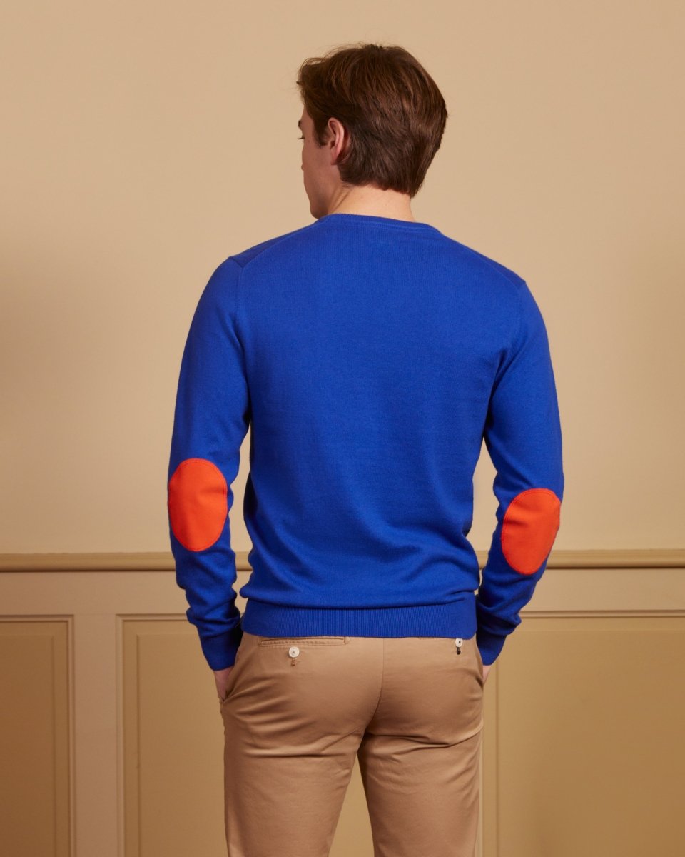 Pull KARL col V en coton cachemire avec coudières - Bleu roi - Vicomte A