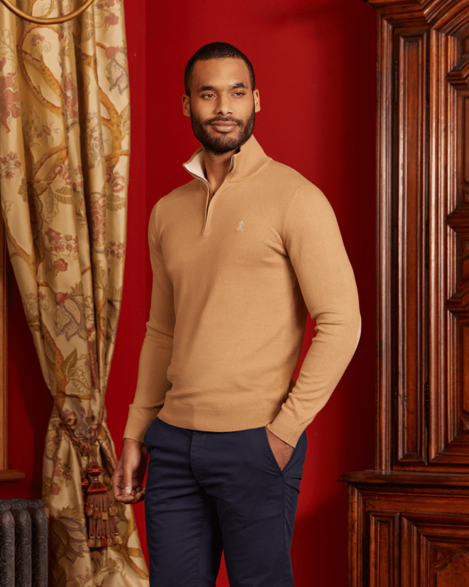 Pull Keaton homme col zippé en coton cachemire Beige – Vicomte A