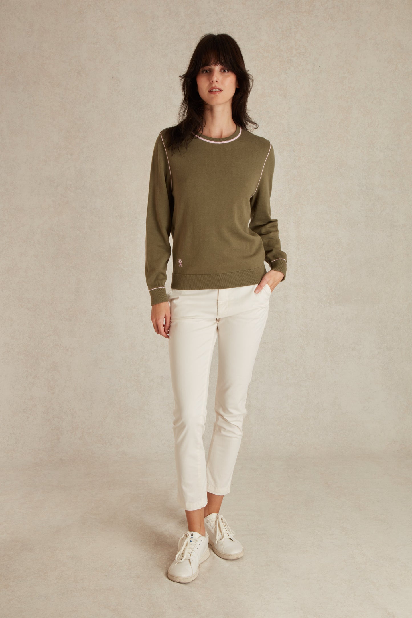 Pull Col Rond à Détails Contrasté