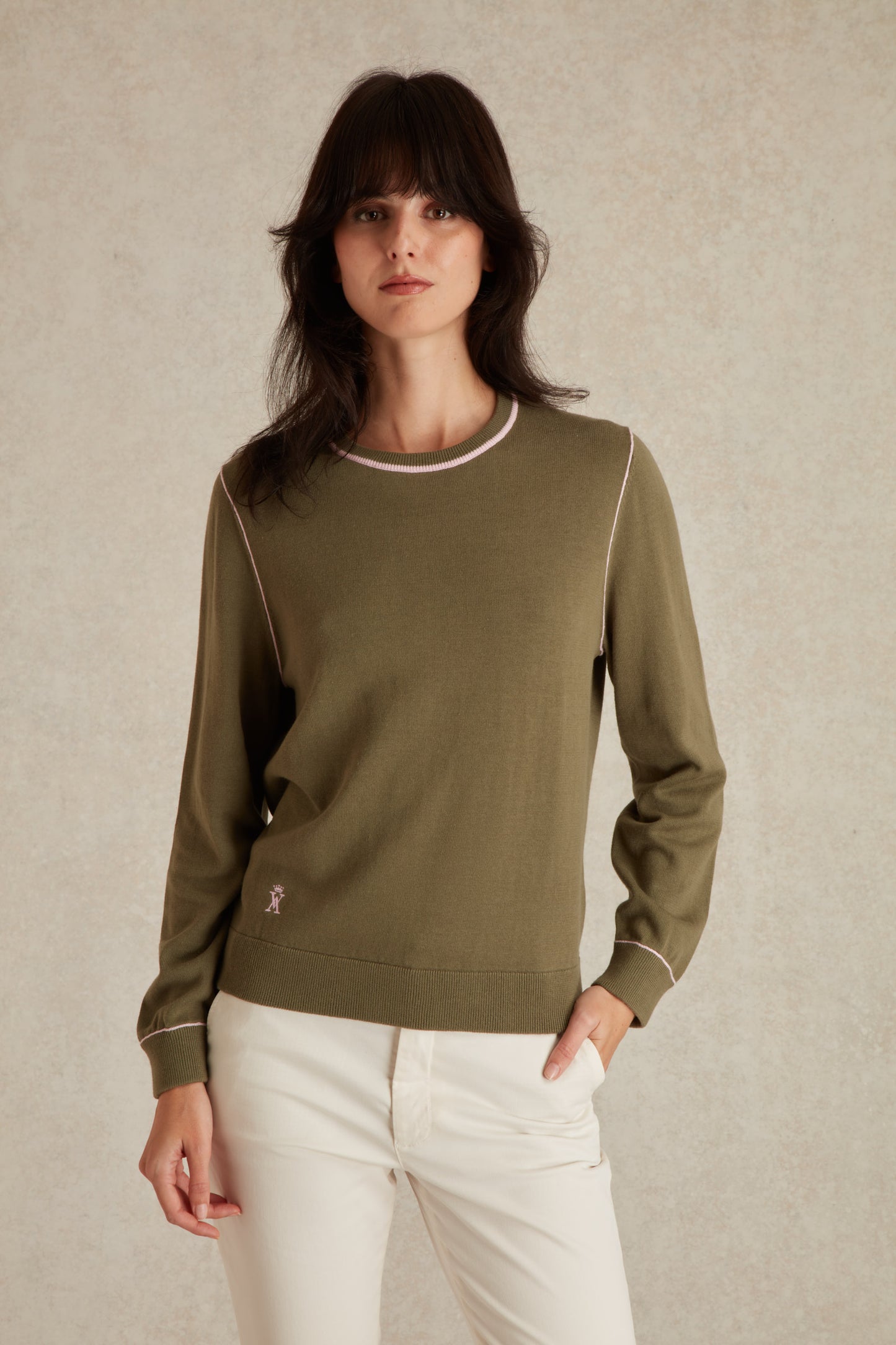 Pull Col Rond à Détails Contrasté