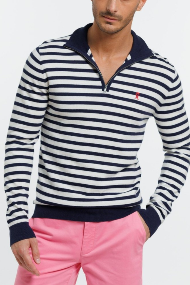 Pull KEAT2 Col zippé à rayures en Coton Cachemire - Image principale