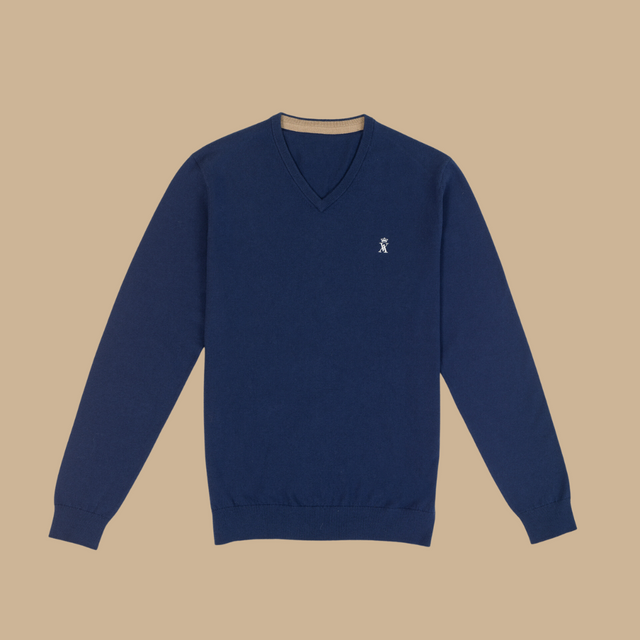 Full KARL neck V in cashmere cotton with coudiers-Blue night - Image principale