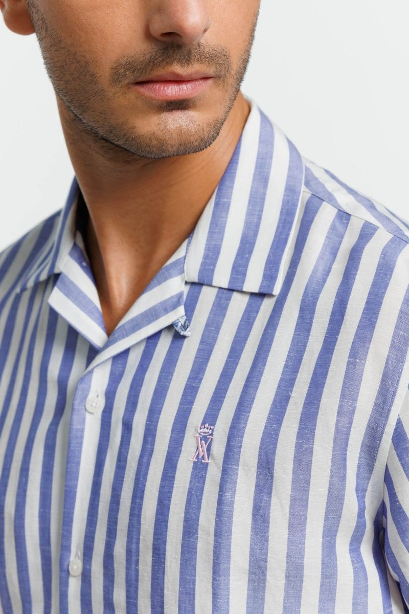 Chemise CAPRI Manches Courtes en Lin avec Rayures - Bleu - Vicomte A
