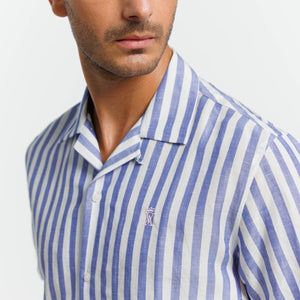 CAPRI Short Sleeve Linen Shirt with Stripes - Blue - Vicomte A