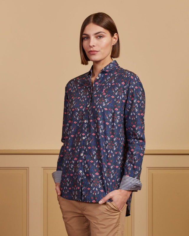 CELESTINE cotton shirt with floral print-Blue - Image principale