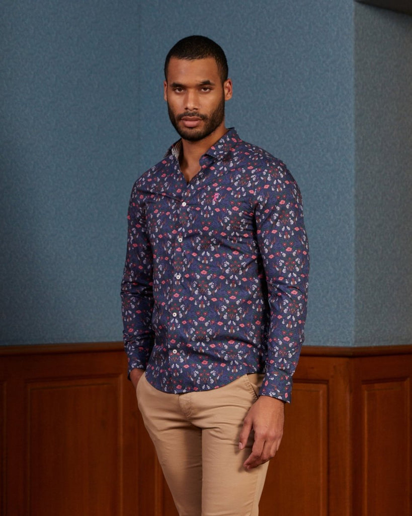 Chemise CHARLES slim 100% coton à imprimé floral - Bleu nuit - Vicomte A