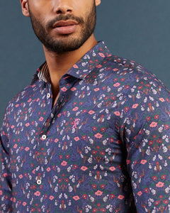 CHARLES slim 100% cotton shirt with floral print - Midnight blue - Vicomte A