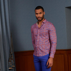 CLOVIS slim shirt 100% cotton floral print - Midnight blue - Vicomte A
