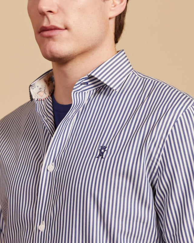 CONRAD regular 100% cotton striped shirt - Midnight blue - Image alternative