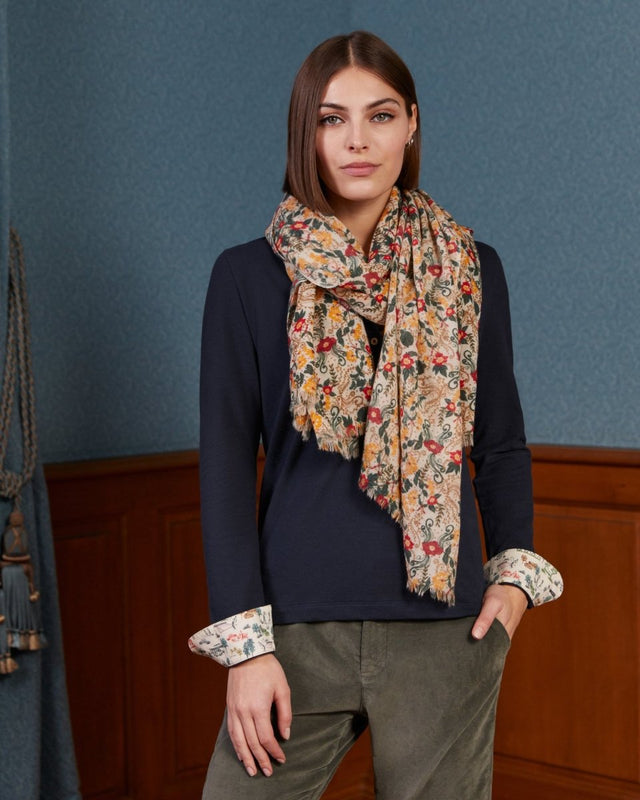 ARES 100% wool scarf with floral print - Ivory white - Image principale