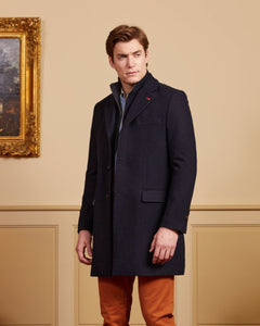 GASTON wool coat with removable plain facing - Navy blue - Vicomte A