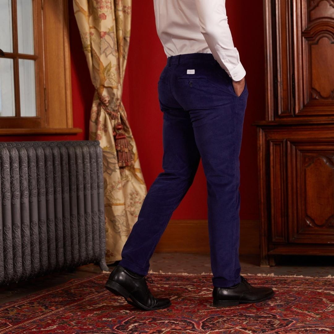 Pantalon chino LORENZO droit en velours cotelé - Bleu marine - Vicomte A