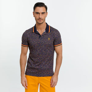 Polo PATRICK with short sleeves in palm-printed Cotton-Navy blue-Vicomte A