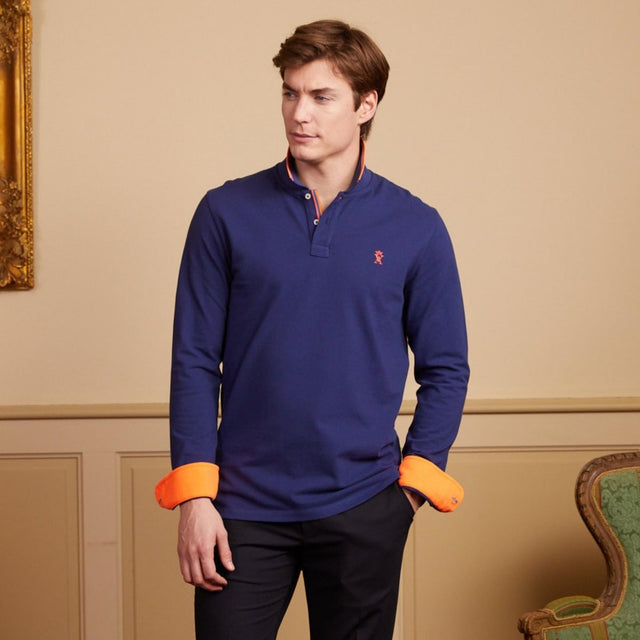 PEIO long-sleeved polo shirt 100% cotton pique - Midnight blue - Image principale