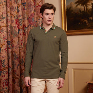 PEIO long-sleeved polo shirt 100% cotton pique - Khaki - Vicomte A