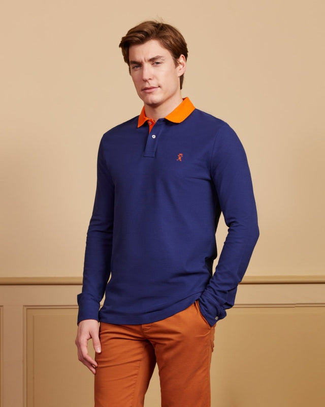 PETERSON long-sleeved polo shirt in 100% pima cotton - Midnight blue - Image principale