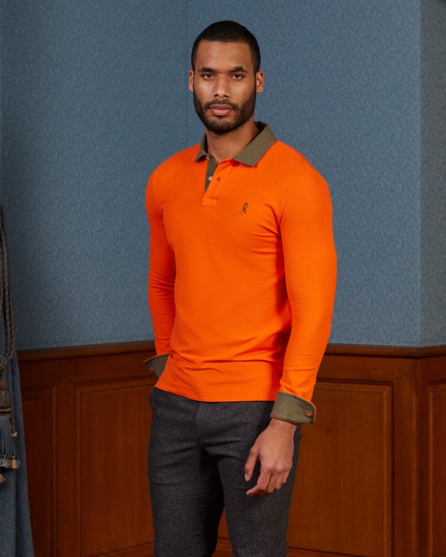 PETERSON long-sleeved polo shirt in 100% pima cotton - Orange - Image principale