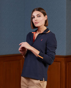 PHIDY polo shirt 100% cotton pique with long sleeves and fluorescent details - Midnight blue - Vicomte A
