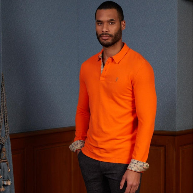 PICKER long-sleeved polo shirt 100% plain cotton - Orange - Image principale