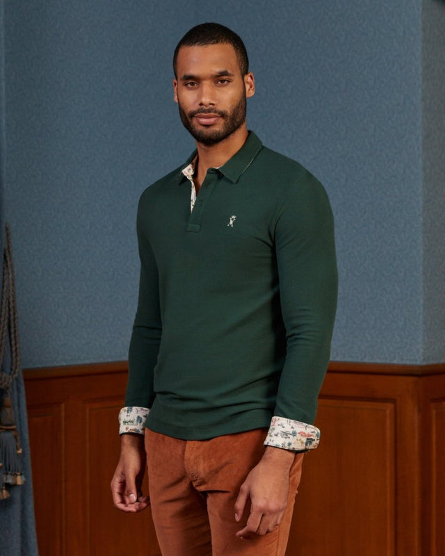 PICKER long-sleeved polo shirt 100% plain cotton - Dark green - Image principale