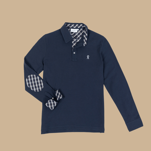 PICKERING polo shirt with elbow patches 100% plain cotton - Navy blue - Vicomte A