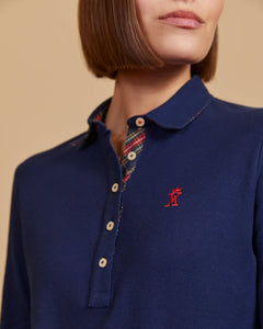 POPPINS polo shirt 100% cotton pique with long sleeves and tartan details - Blue - Vicomte A