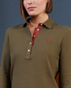 POPPINS polo shirt 100% cotton pique with long sleeves and tartan details - Khaki - Vicomte A
