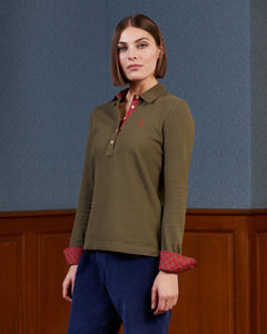 POPPINS polo shirt 100% cotton pique with long sleeves and tartan details - Khaki - Vicomte A