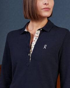 POPPINS cotton polo shirt with long sleeves and "Toile de jouy" print details - Navy blue - Vicomte A