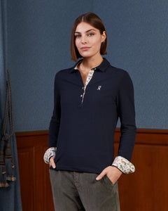 POPPINS cotton polo shirt with long sleeves and "Toile de jouy" print details - Navy blue - Vicomte A