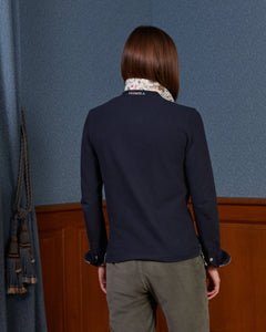 POPPINS cotton polo shirt with long sleeves and "Toile de jouy" print details - Navy blue - Vicomte A