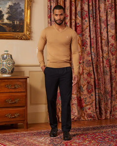 KARL V-neck cotton cashmere sweater with elbow patches - Beige - Vicomte A