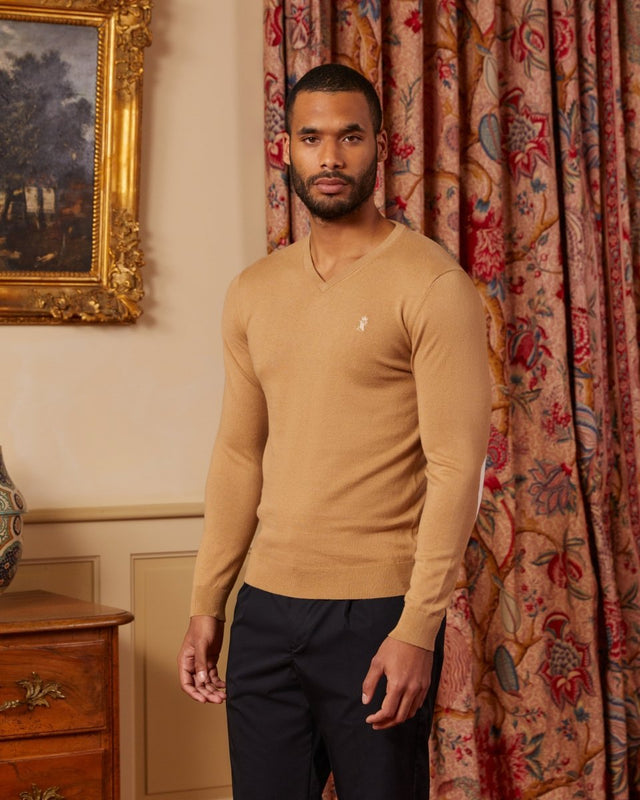 KARL V-neck cotton cashmere sweater with elbow patches - Beige - Image principale