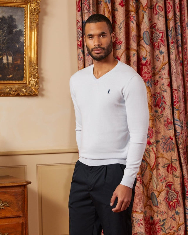KARL V-neck cotton cashmere sweater with elbow patches - Light blue - Image principale