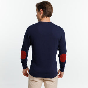 KARL V-neck SWEATER in Cashmere Cotton with elbow patches - Navy blue - Vicomte A