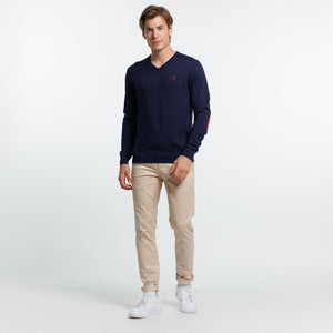 KARL V-neck SWEATER in Cashmere Cotton with elbow patches - Navy blue - Vicomte A