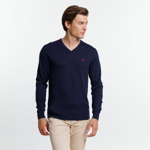 KARL V-neck SWEATER in Cashmere Cotton with elbow patches - Navy blue - Vicomte A