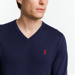 KARL V-neck SWEATER in Cashmere Cotton with elbow patches - Navy blue - Vicomte A
