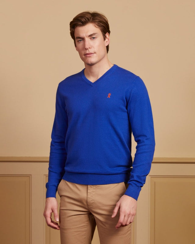 Pull KARL neck V in cashmere cotton with elbows - 
king blue - Image principale