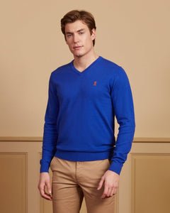 Karl V-neck cashmere cotton sweater with elbow - Royal blue - Viscount A