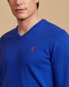 Karl V-neck cashmere cotton sweater with elbow - Royal blue - Viscount A