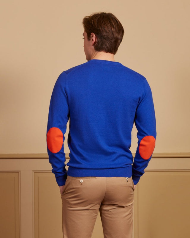 Pull KARL neck V in cashmere cotton with elbows - 
king blue - Image alternative